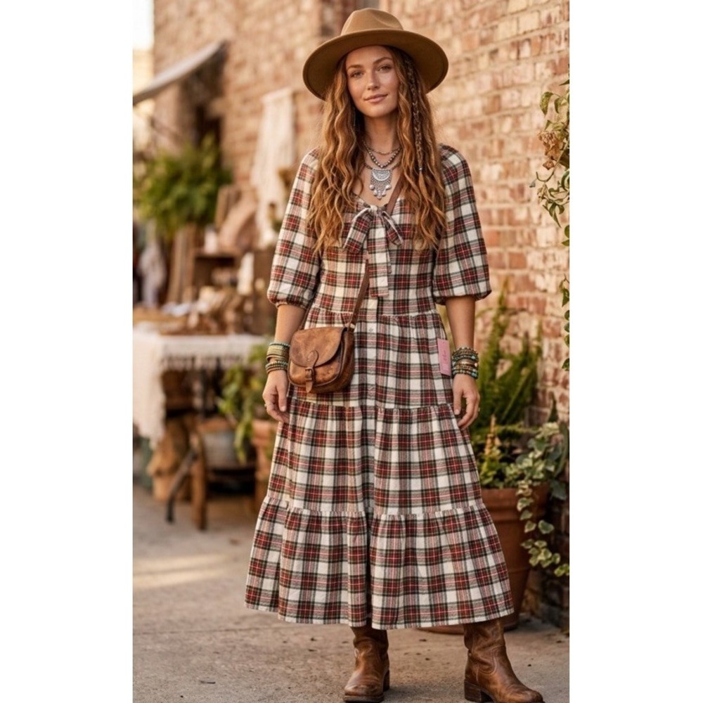NWT  Ivy City Co. Merry Dress In Holiday Plaid Bow Size 1XL | Tiered Midi Bow